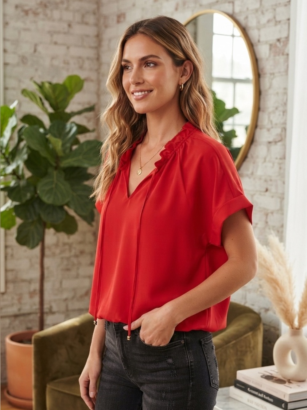 entro Red V-Neck Short Sleeve Blouse with Ruffle Trim